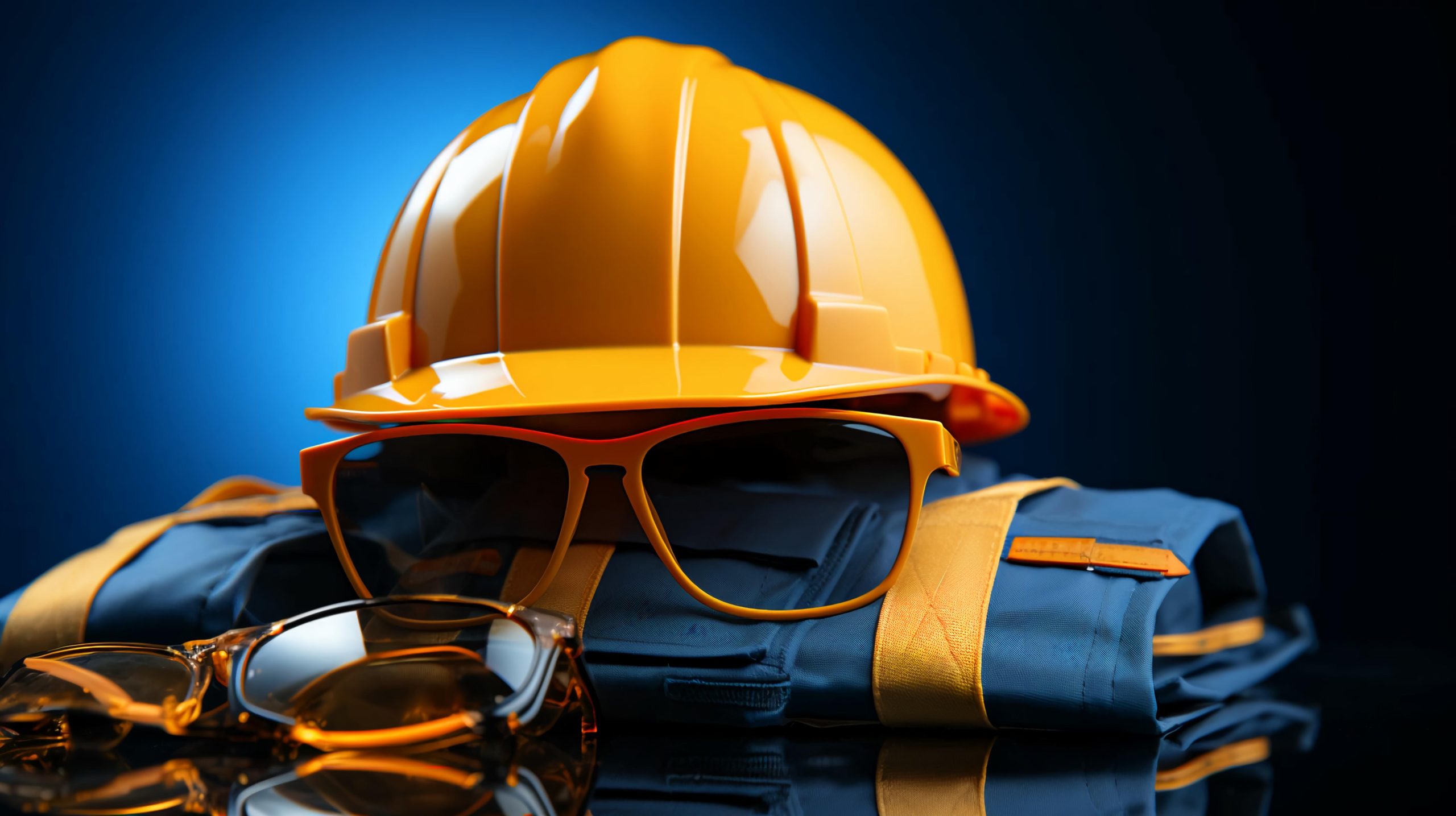 Work uniform, a set of worker's clothing with a protective orange helmet and vest folded in a stack.