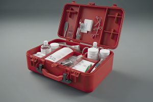 Simple open red first aid kit with with medicines for drugstore category 3d render illustration.Generative AI